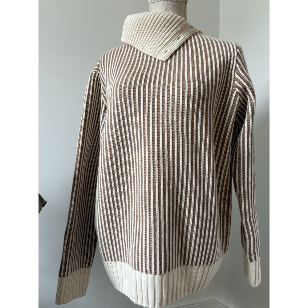 Summersalt Cashmere-Blend Ribbed Knit Button Detail Sweater Brown Stripe Medium